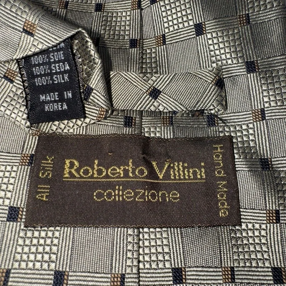 Roberto Villini Necktie Mens OS Silver Taupe Geometric Grid‎ Silk Hand Made Tie